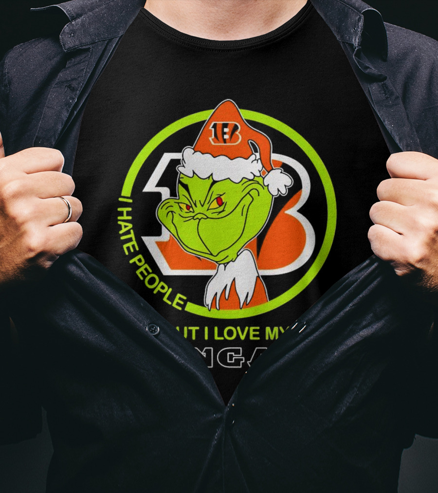 Grinch Santa Hat I Hate People But I Love My Bengals Football Fan T-Shirt