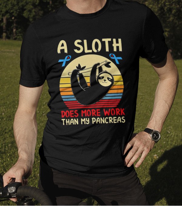 A Sloth Does More Work Than My Pancreas Vintage Style With Blue Diabetes Awareness Ribbons T-Shirt