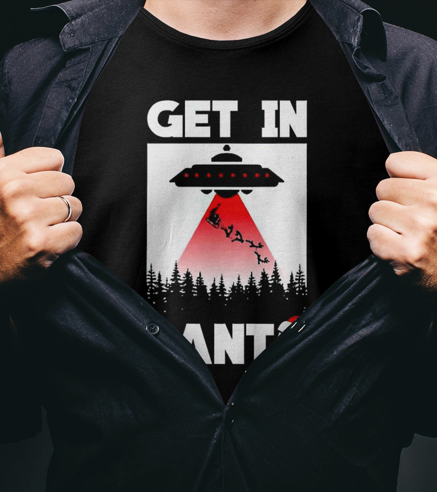 Get In Santa UFO Alien With Reindeer Christmas Abduction T-Shirt