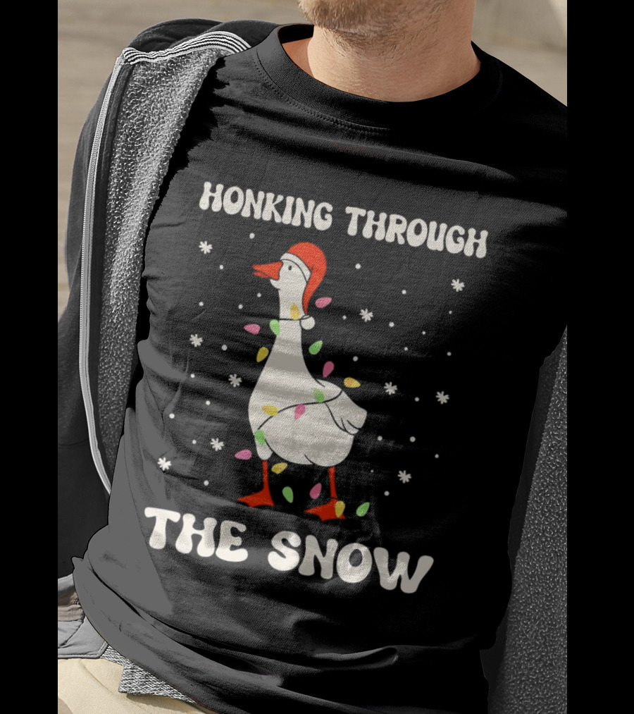 Honking Through The Snow Goose Wrapped In Christmas Lights T-Shirt