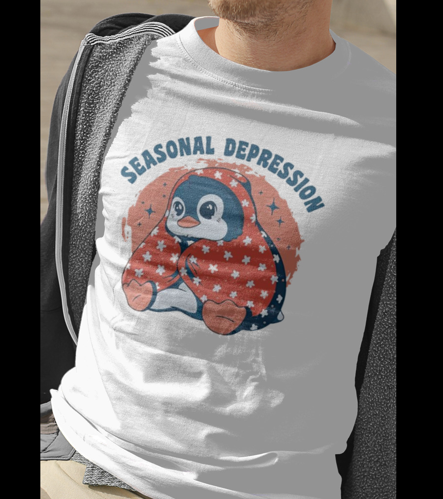 Seasonal Depression Penguin In Cozy Blanket With Stars And Flowers T-Shirt