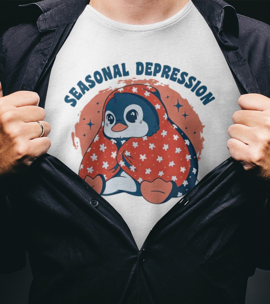 Seasonal Depression Penguin In Cozy Blanket With Stars And Flowers T-Shirt
