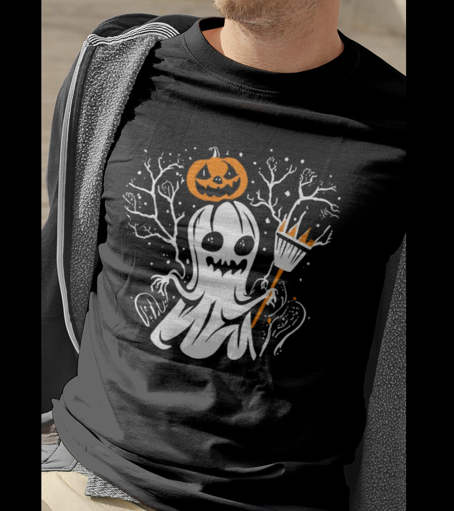 Pumpkin King Halloween Ghost With Broomstick T-Shirt
