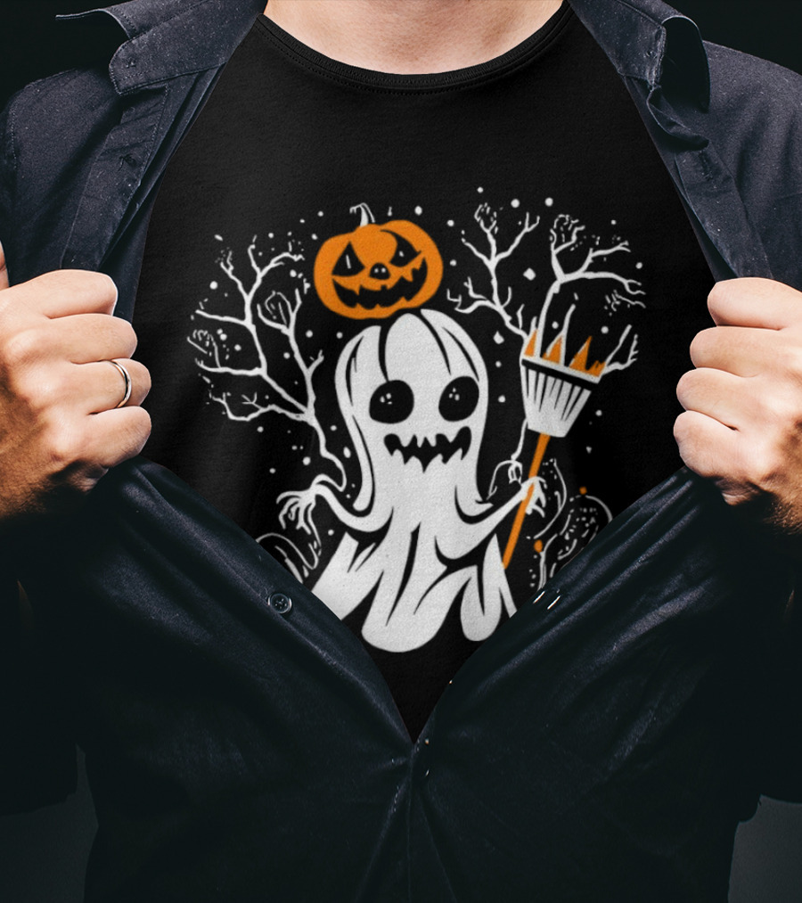 Pumpkin King Halloween Ghost With Broomstick T-Shirt