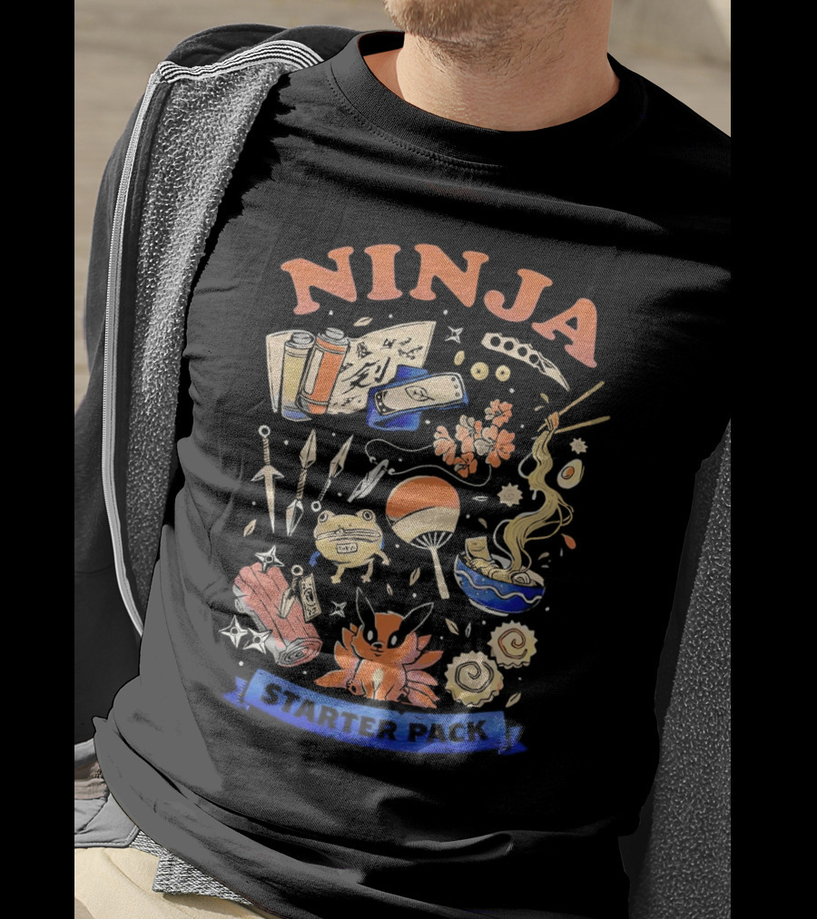 Ninja Starter Pack Kunai Scrolls Shuriken Ramen Chopsticks Anime Fox Pokeball T-Shirt