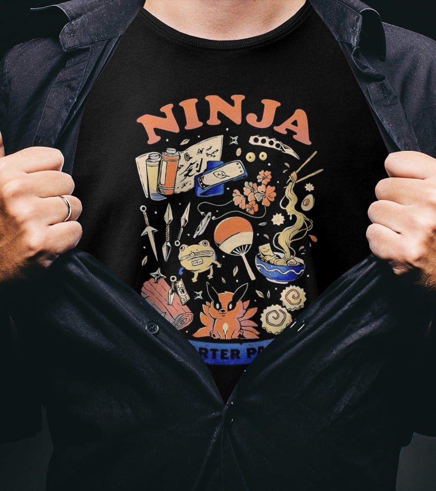 Ninja Starter Pack Kunai Scrolls Shuriken Ramen Chopsticks Anime Fox Pokeball T-Shirt
