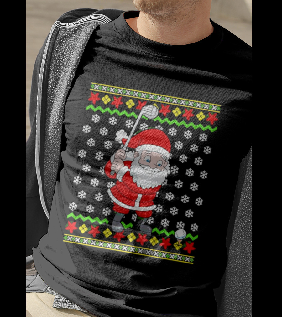 Santa Golfing Christmas Snowflakes Ugly T-Shirt