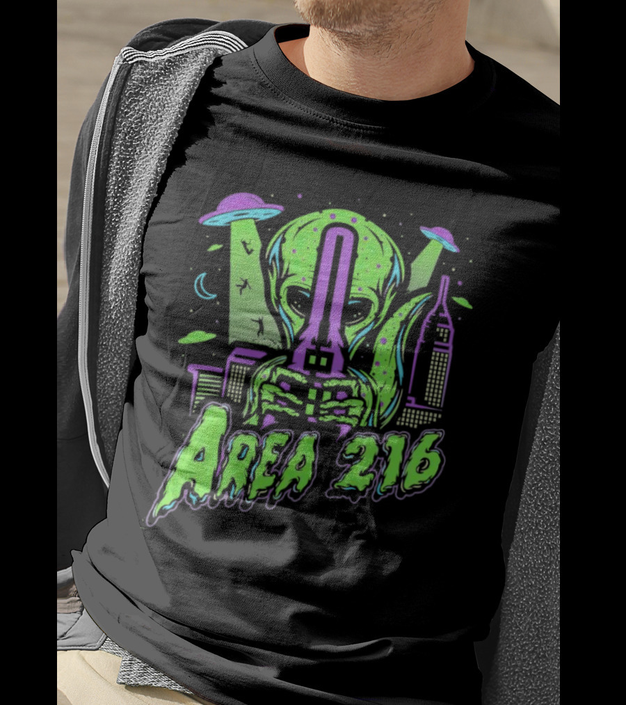Area 216 Alien UFO City Skyline Neon T-Shirt