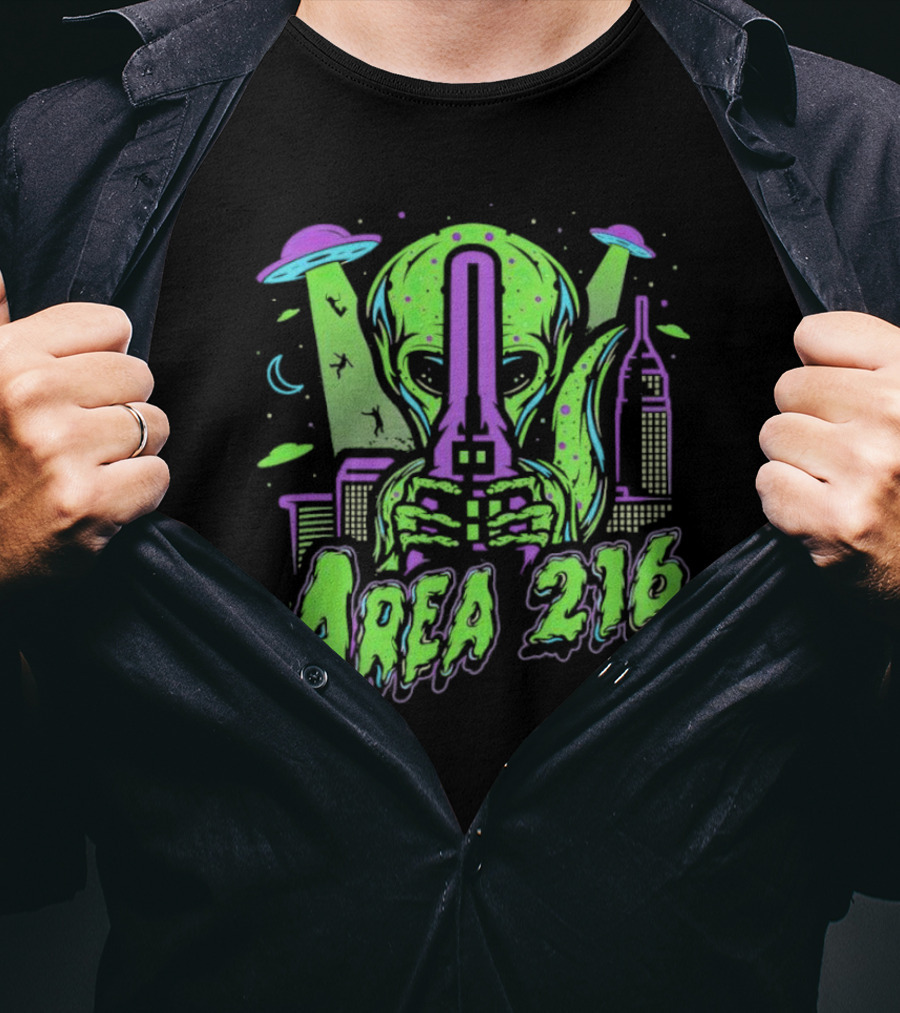Area 216 Alien UFO City Skyline Neon T-Shirt