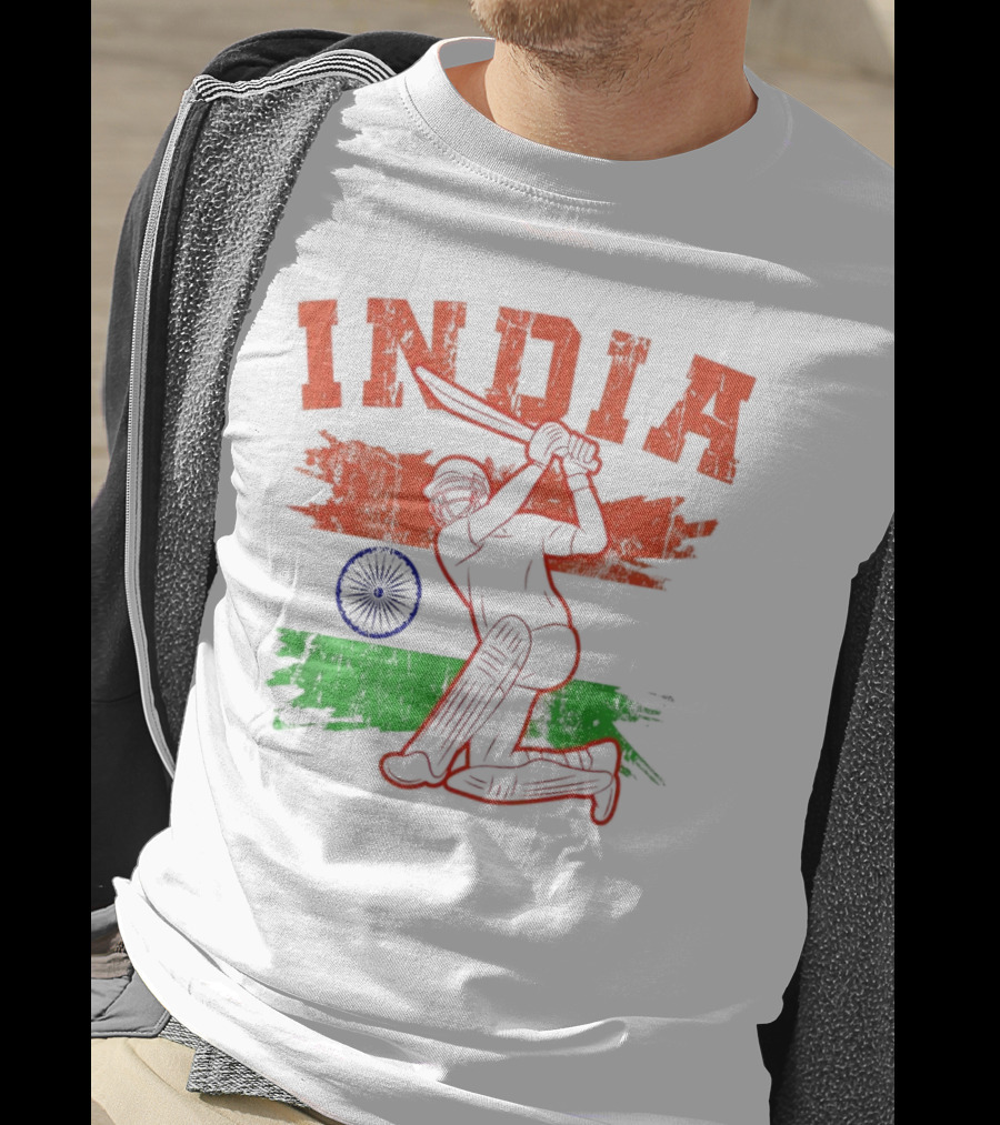 India Cricket Enthusiasts Batting Action With Ashoka Chakra T-Shirt