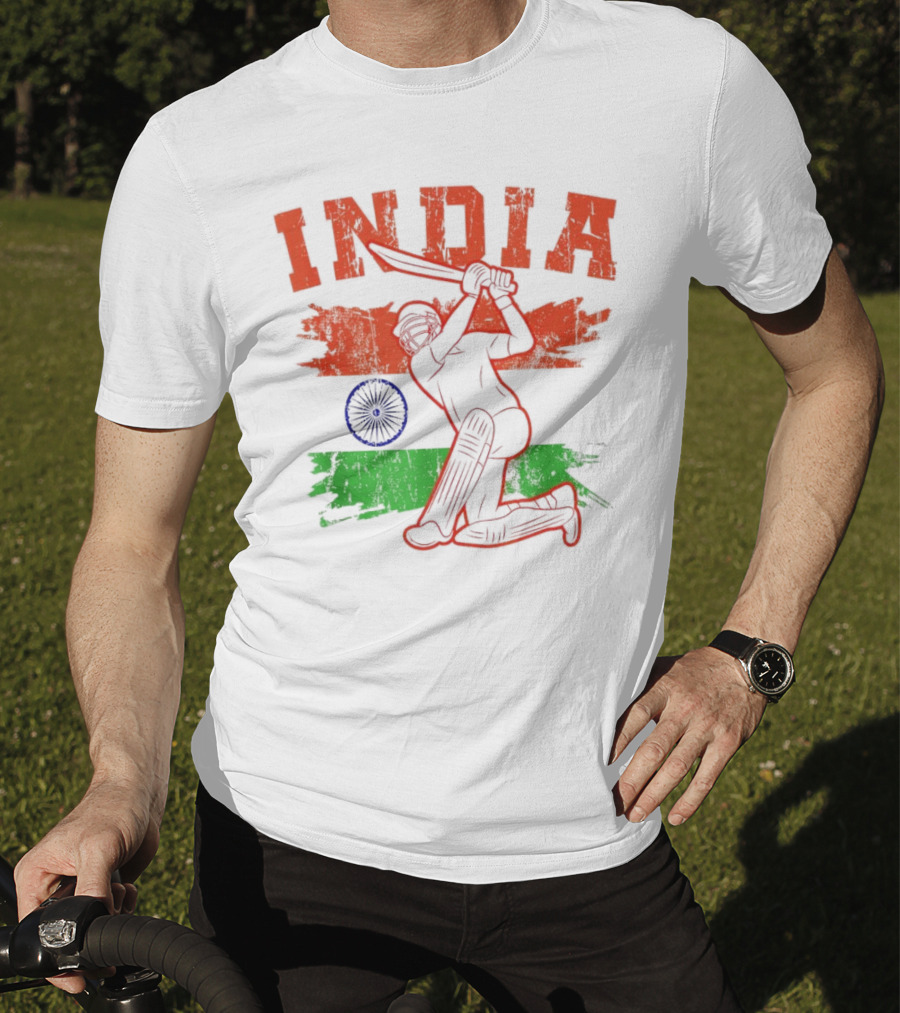 India Cricket Enthusiasts Batting Action With Ashoka Chakra T-Shirt