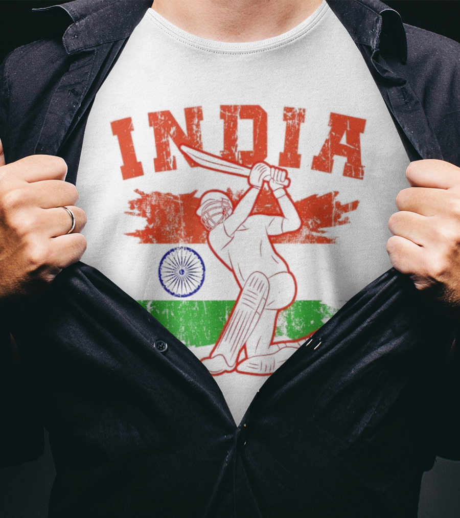 India Cricket Enthusiasts Batting Action With Ashoka Chakra T-Shirt