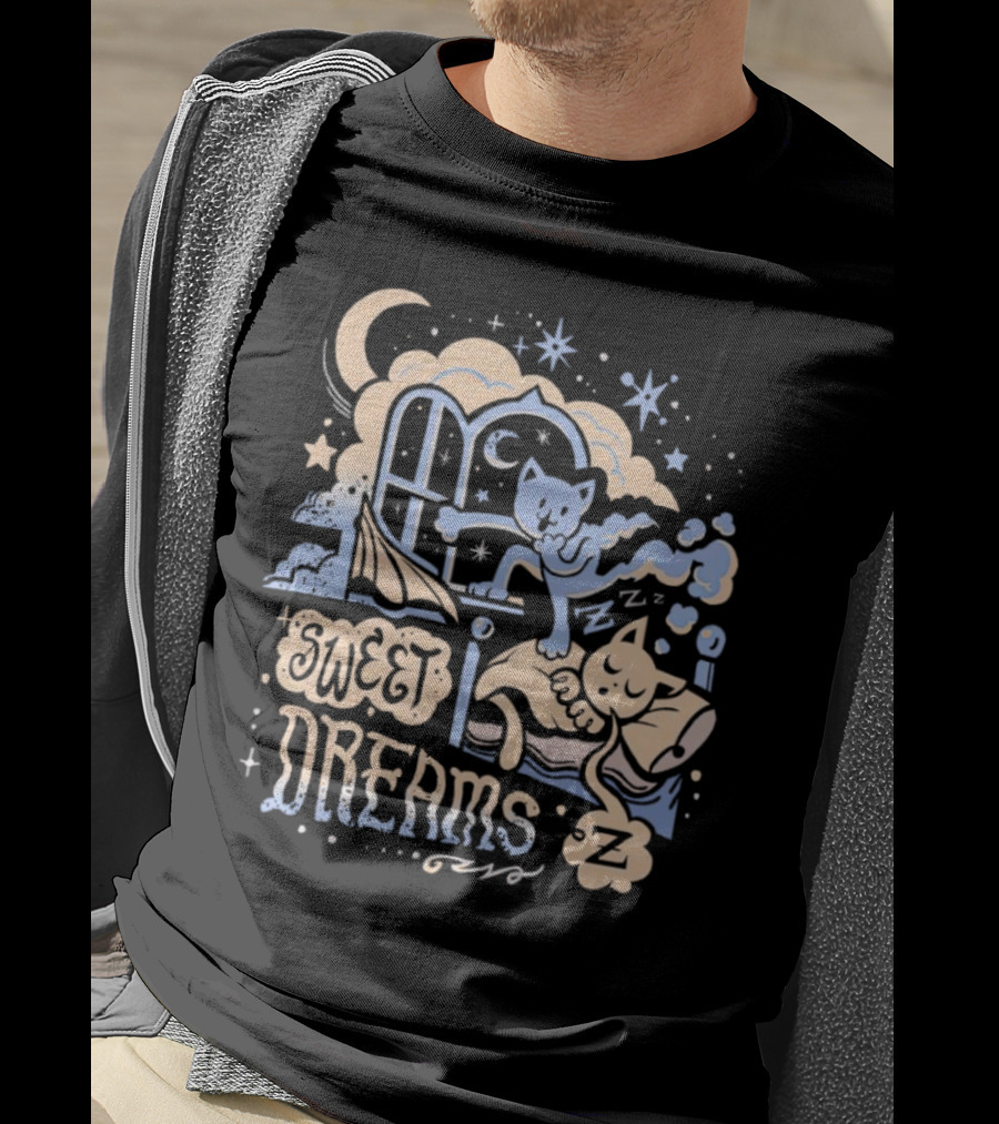 Sweet Dreams Dreaming Cat Under Moon And Stars T-Shirt