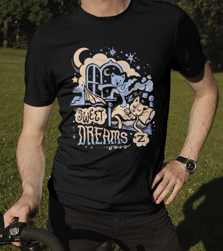 Sweet Dreams Dreaming Cat Under Moon And Stars T-Shirt