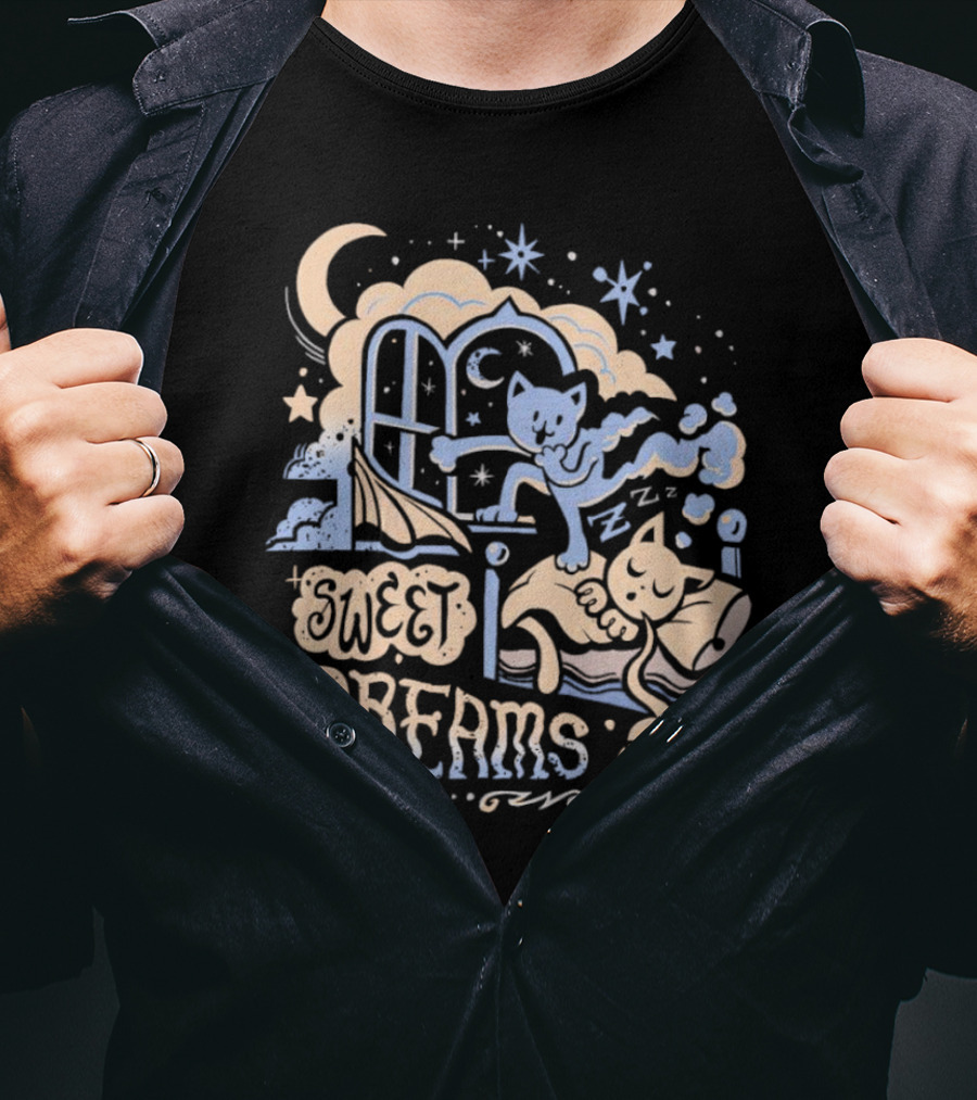 Sweet Dreams Dreaming Cat Under Moon And Stars T-Shirt