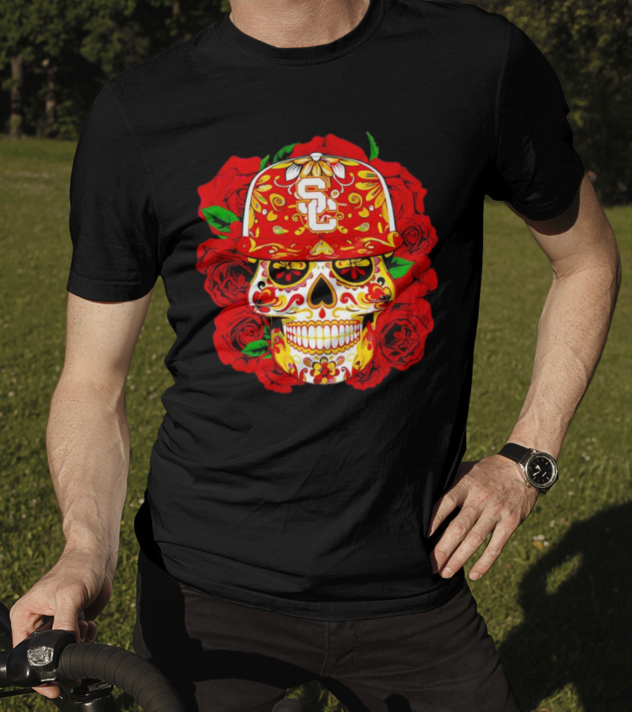 USC Sugar Skull With Roses And Cap T-Shirt