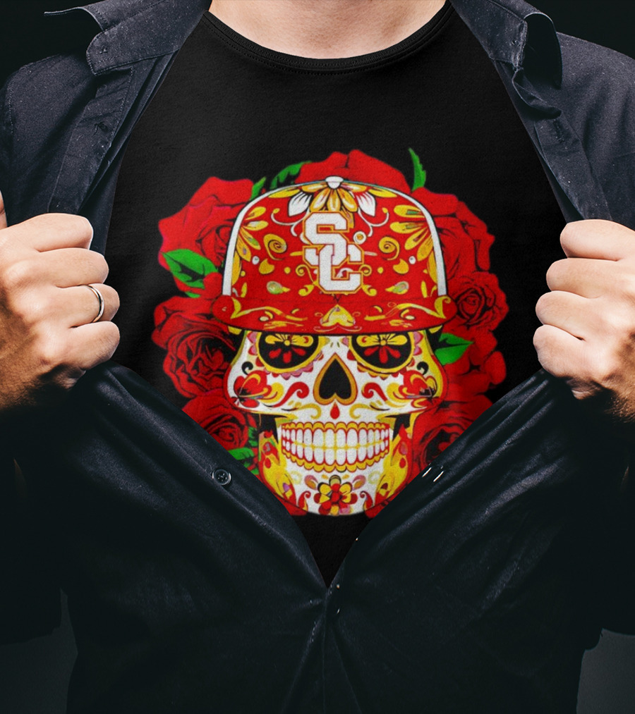 USC Sugar Skull With Roses And Cap T-Shirt