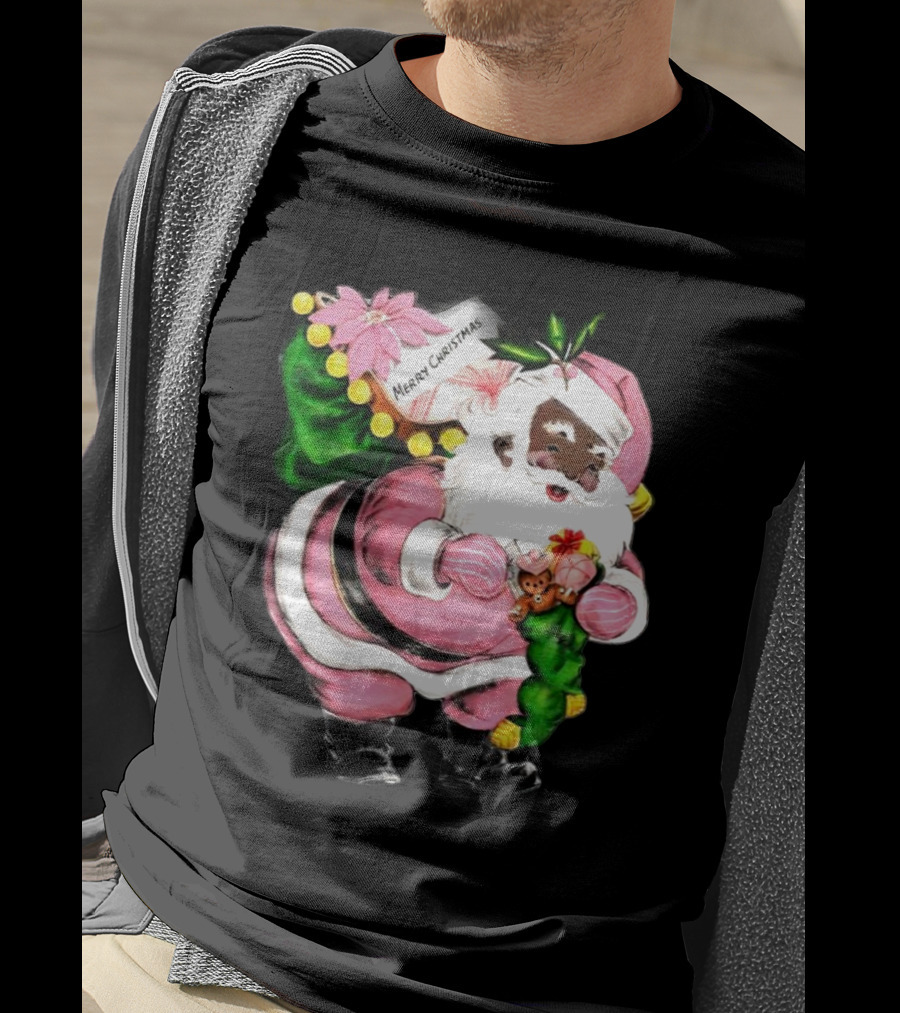 Merry Christmas Pink African-American Black Santa Claus With Gifts T-Shirt