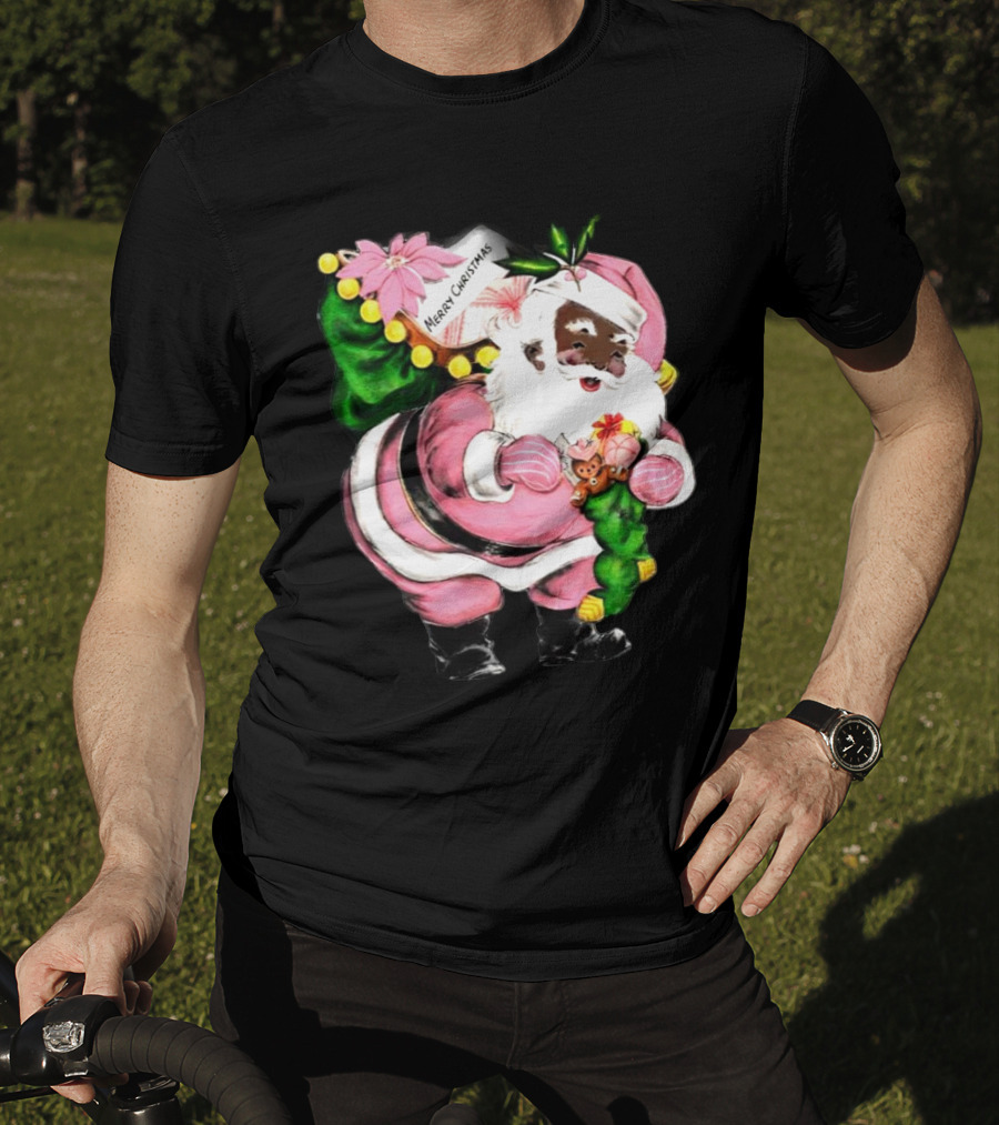 Merry Christmas Pink African-American Black Santa Claus With Gifts T-Shirt