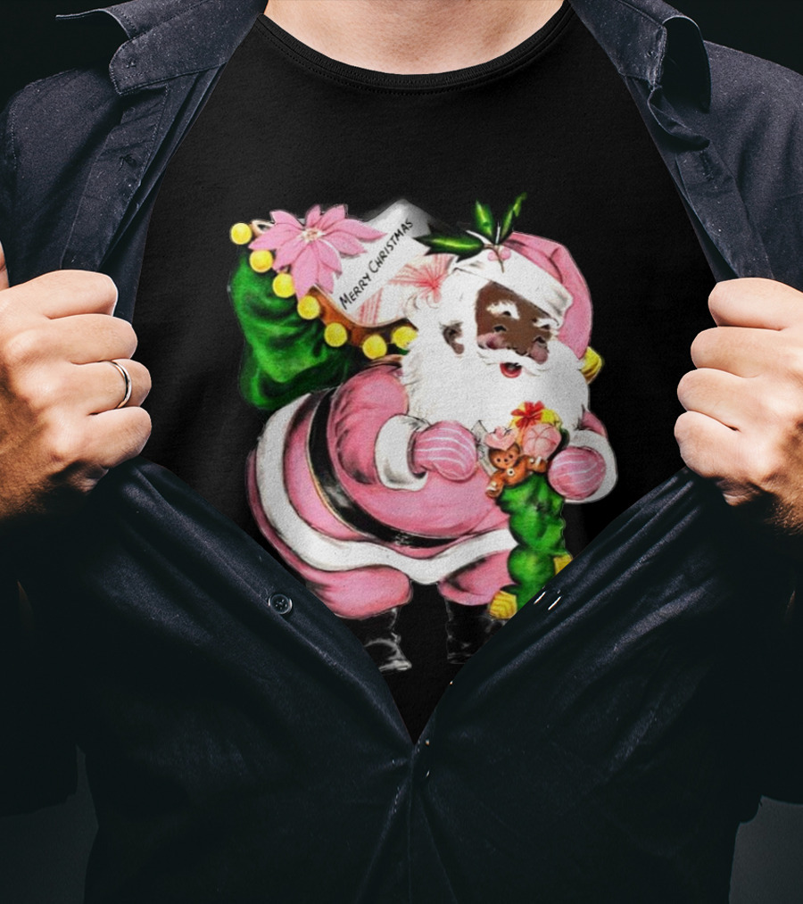 Merry Christmas Pink African-American Black Santa Claus With Gifts T-Shirt