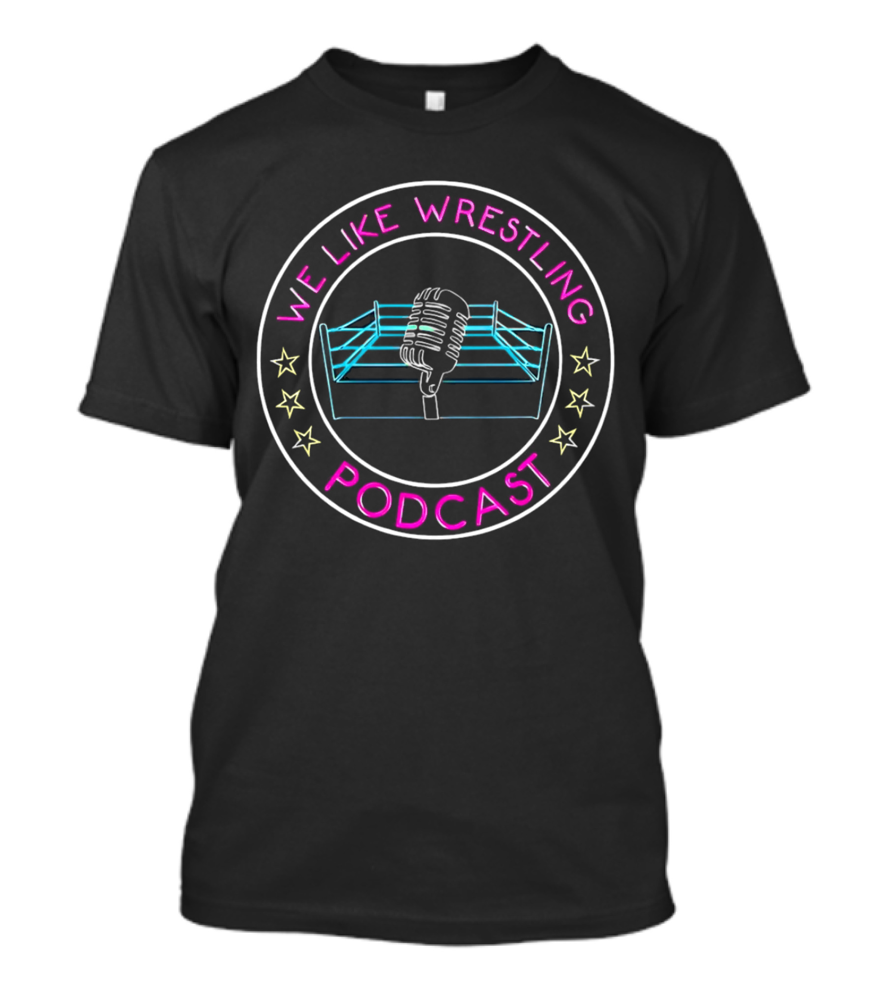 We Like Wrestling Podcast Neon Ring Microphone Stars T-Shirt