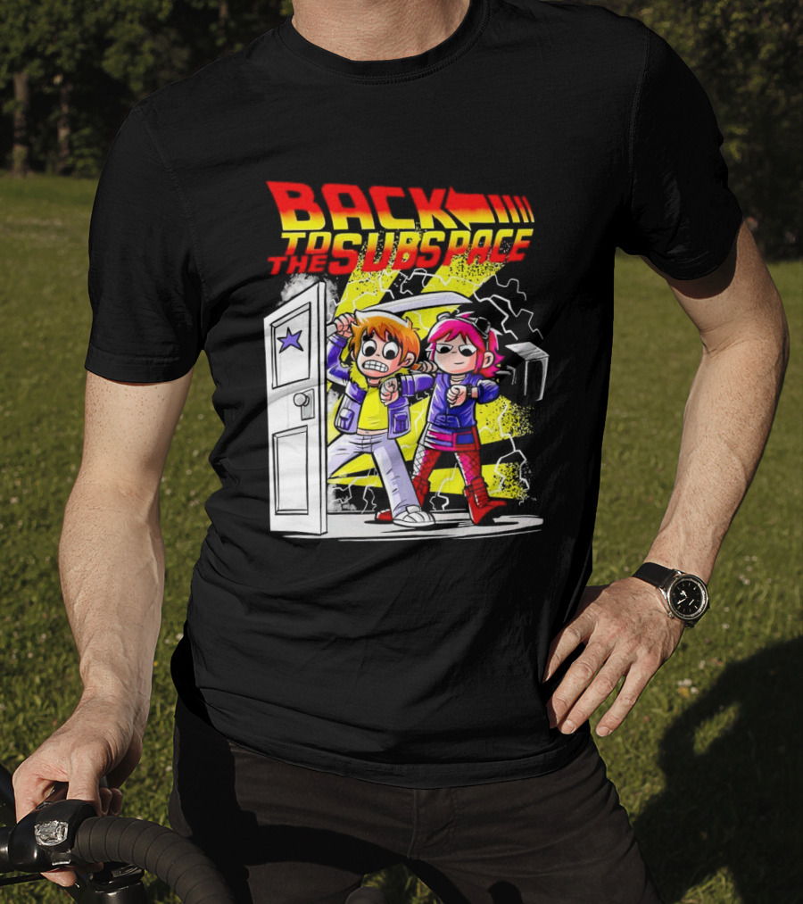 Back To The Subspace Scott Pilgrim And Ramona With Retro Door And Lightning T-Shirt
