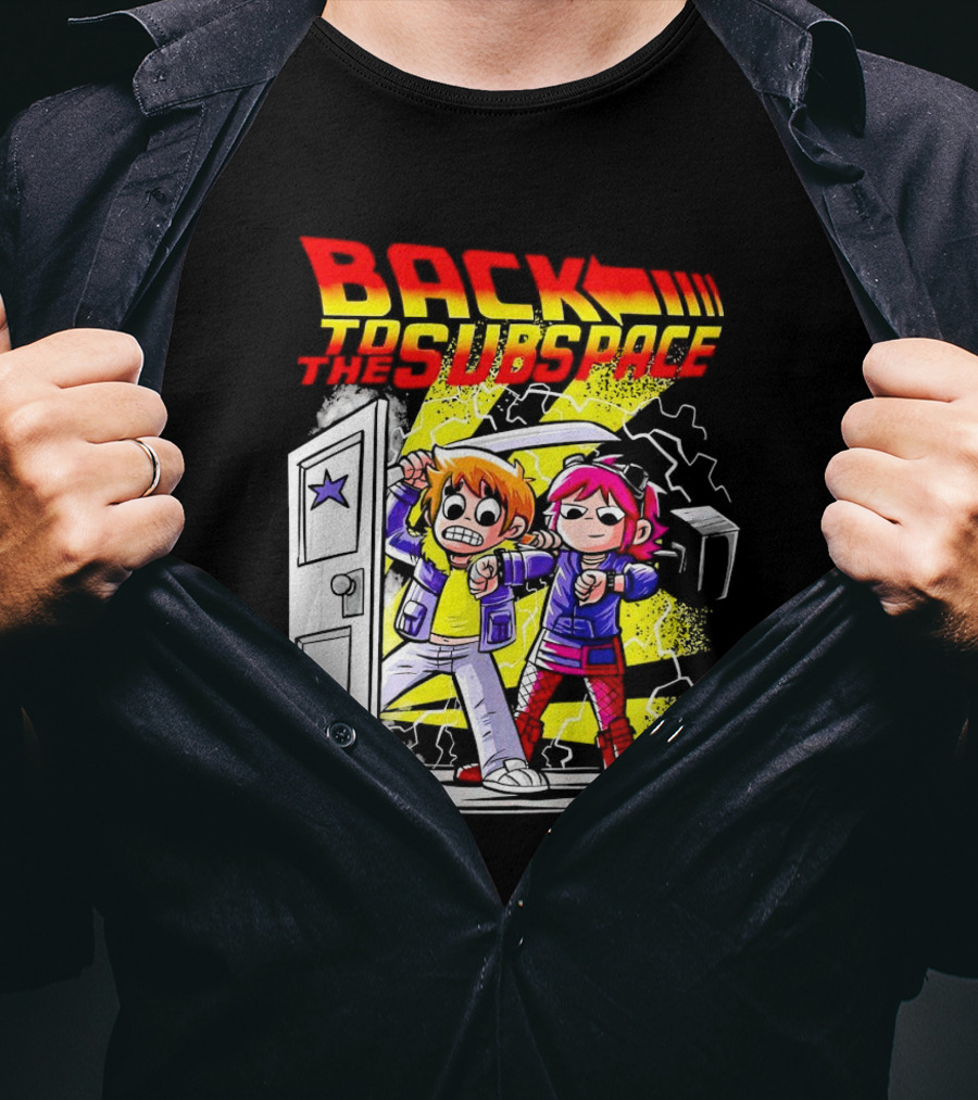 Back To The Subspace Scott Pilgrim And Ramona With Retro Door And Lightning T-Shirt