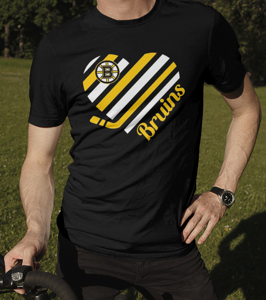 Boston Bruins Stripes Heart With Hockey Stick T-Shirt