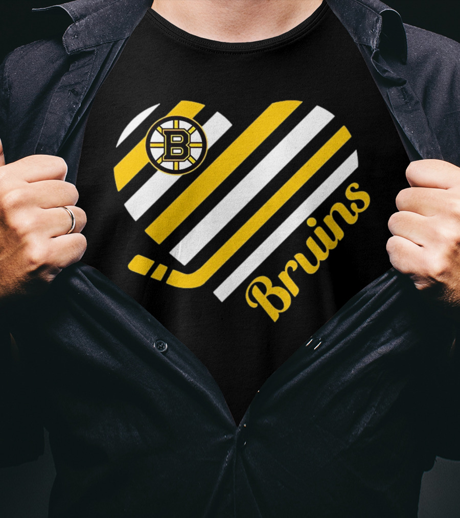 Boston Bruins Stripes Heart With Hockey Stick T-Shirt