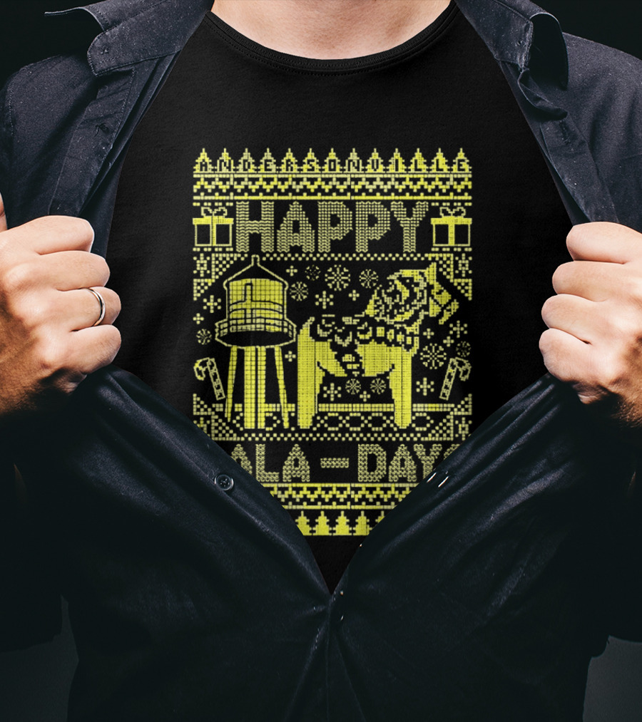 Andersonville Happy Dala Days Christmas Sweater Pattern With Water Tower And Dala Horse T-Shirt