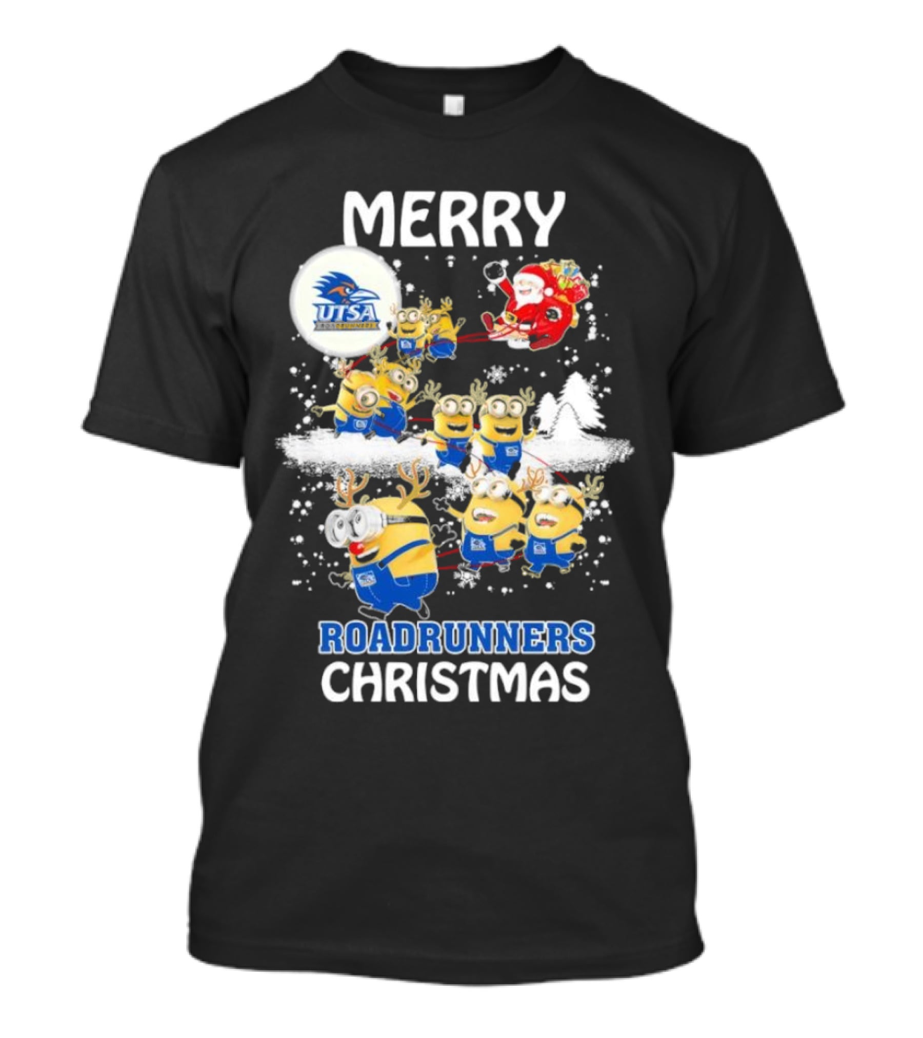 Merry UTSA Roadrunners Minions Christmas With Santa And Reindeer T-Shirt