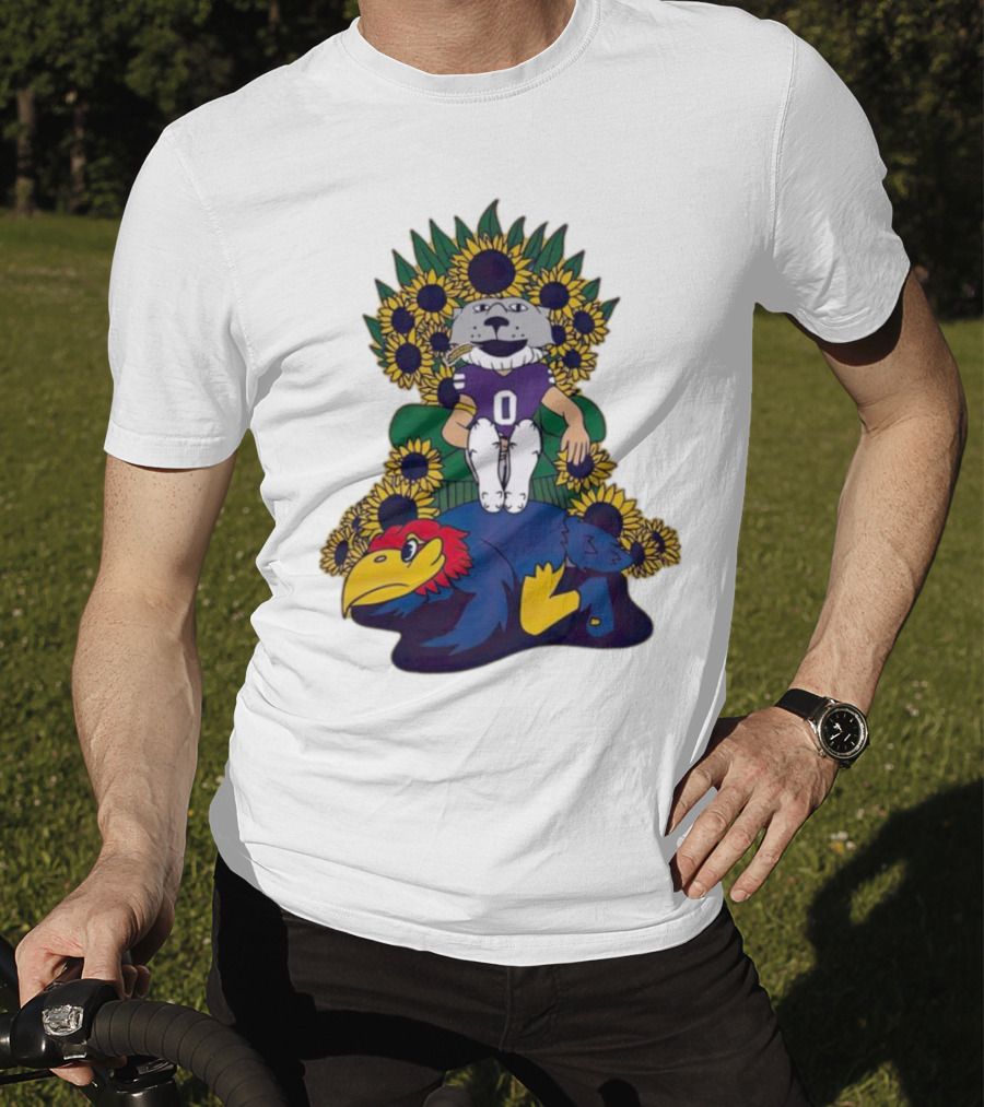Kansas State Wildcats Mascot Sunflowers Throne With Kansas Jayhawks T-Shirt