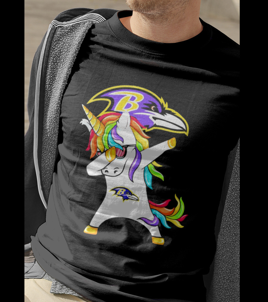 Unicorn Dabbing With Baltimore Ravens Logo And Rainbow Mane T-Shirt