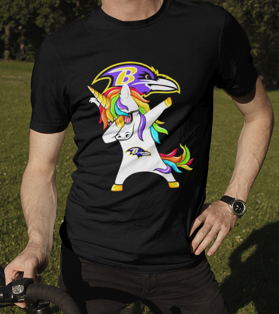 Unicorn Dabbing With Baltimore Ravens Logo And Rainbow Mane T-Shirt