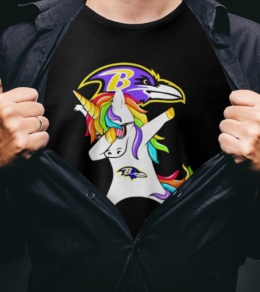 Unicorn Dabbing With Baltimore Ravens Logo And Rainbow Mane T-Shirt