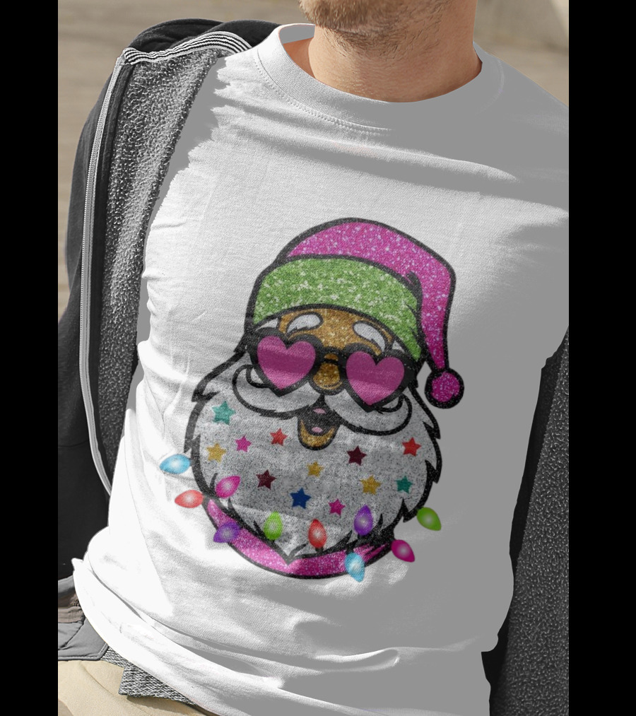 Glittery Pink Santa Claus With Heart Sunglasses And Colorful Stars And Holiday Lights T-Shirt
