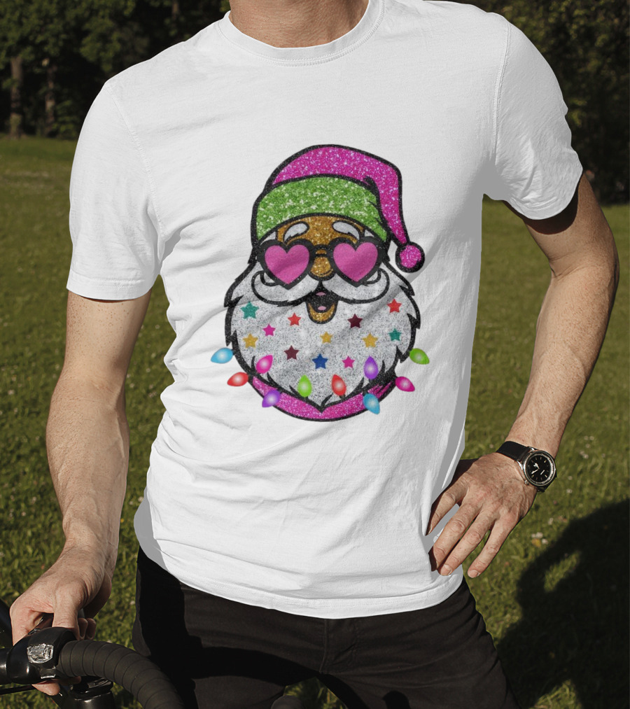 Glittery Pink Santa Claus With Heart Sunglasses And Colorful Stars And Holiday Lights T-Shirt