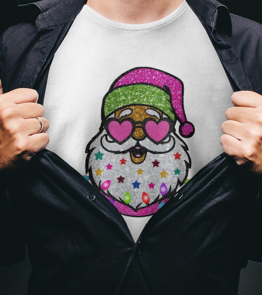 Glittery Pink Santa Claus With Heart Sunglasses And Colorful Stars And Holiday Lights T-Shirt