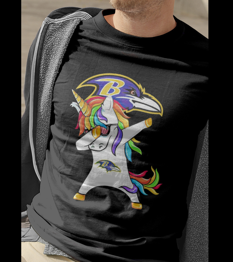Unicorn Dabbing Baltimore Ravens Emblem Rainbow Colors T-Shirt