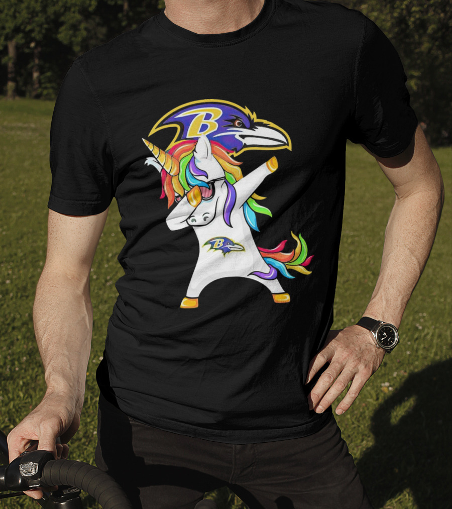Unicorn Dabbing Baltimore Ravens Emblem Rainbow Colors T-Shirt