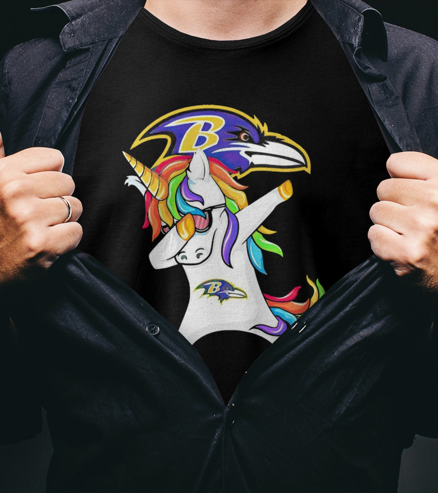 Unicorn Dabbing Baltimore Ravens Emblem Rainbow Colors T-Shirt