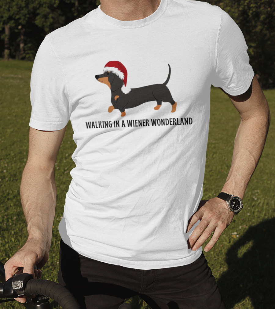 Christmas Walking In A Wiener Wonderland Dachshund With Santa Hat T-Shirt