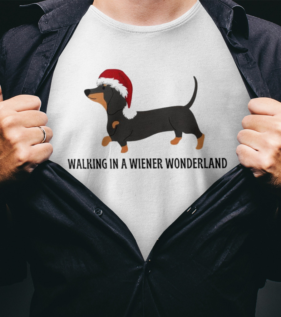Christmas Walking In A Wiener Wonderland Dachshund With Santa Hat T-Shirt
