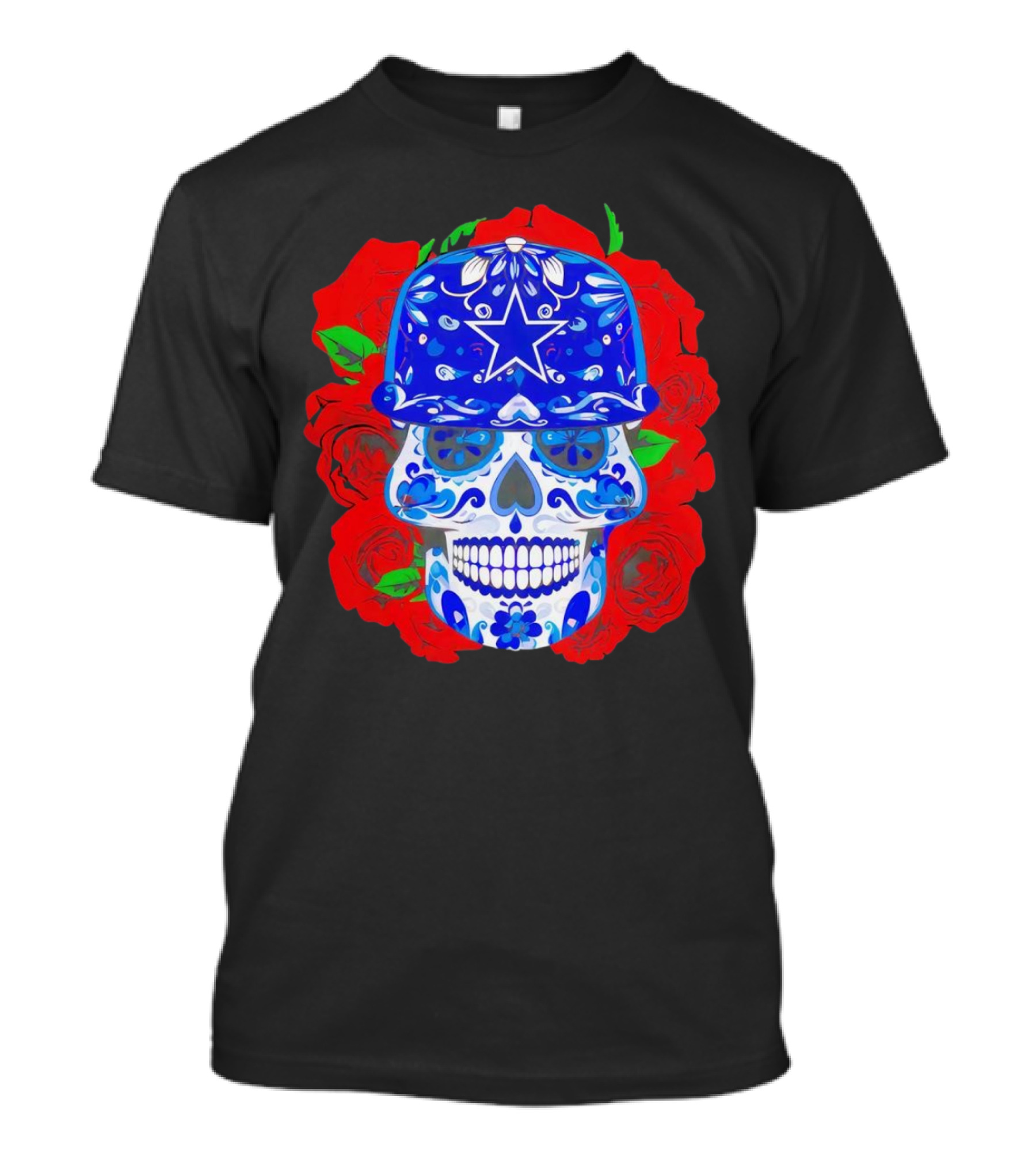 Dallas Cowboys Sugar Skull With Blue Star Hat And Roses T-Shirt