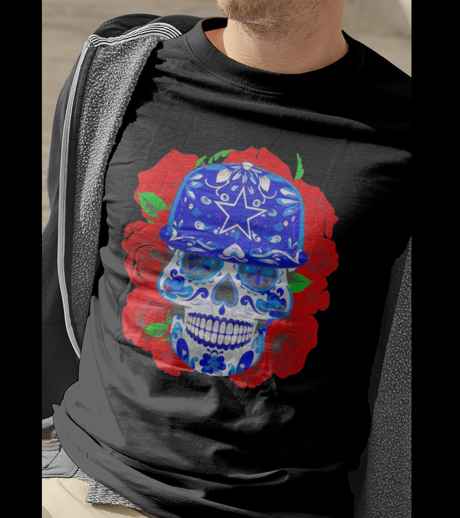 Dallas Cowboys Sugar Skull With Blue Star Hat And Roses T-Shirt