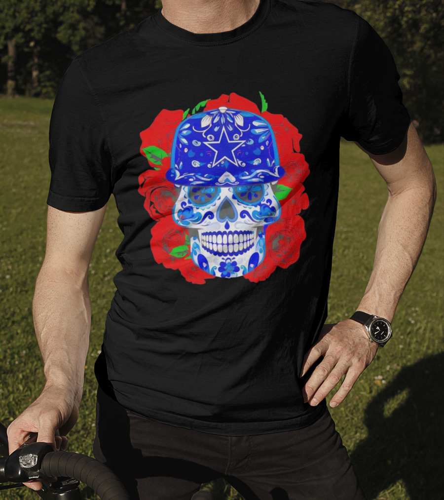 Dallas Cowboys Sugar Skull With Blue Star Hat And Roses T-Shirt