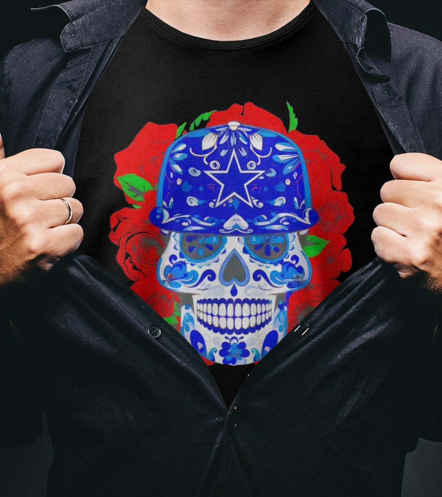 Dallas Cowboys Sugar Skull With Blue Star Hat And Roses T-Shirt