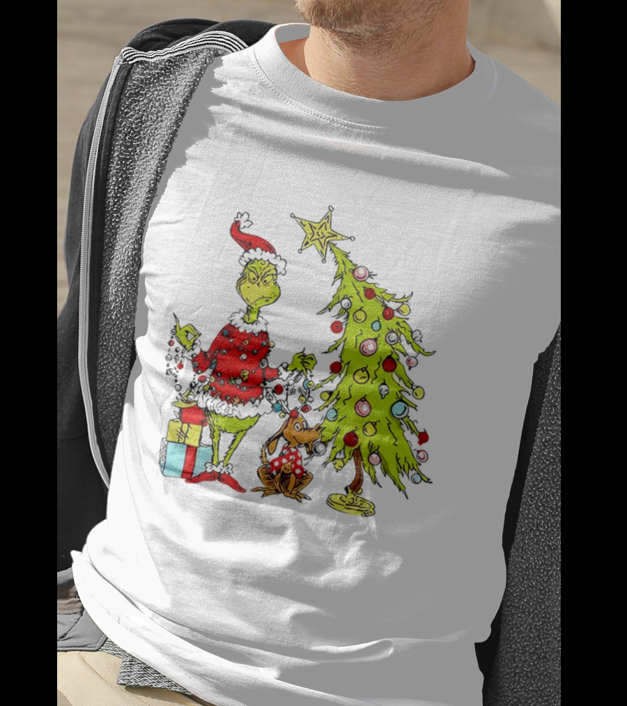Grinch In Santa Hat And Dog With Christmas Tree And Presents T-Shirt