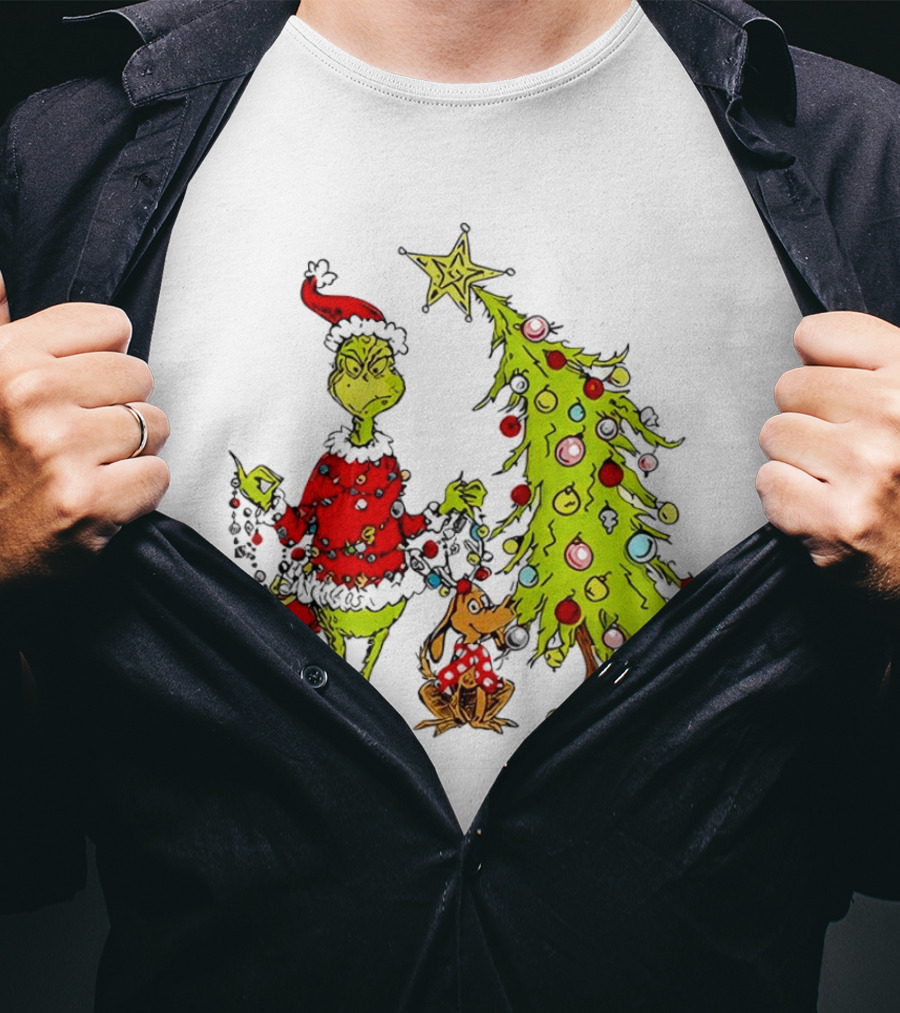 Grinch In Santa Hat And Dog With Christmas Tree And Presents T-Shirt