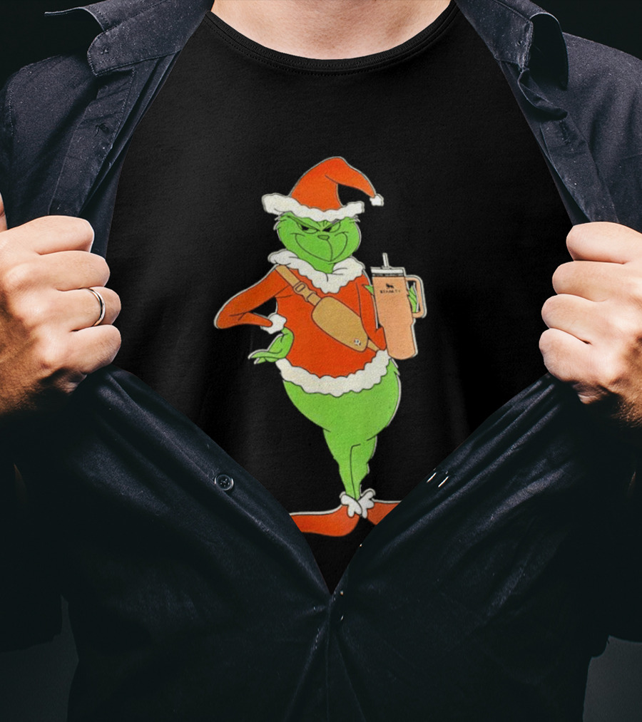 Grinch Santa Stanley Christmas Holiday Cheer Scene T-Shirt